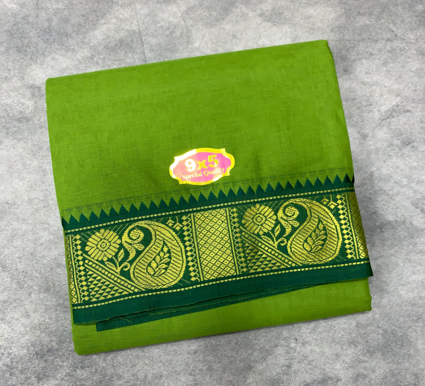 9X5 Cotton Dhoti Light Green Colour with Green and Red Border