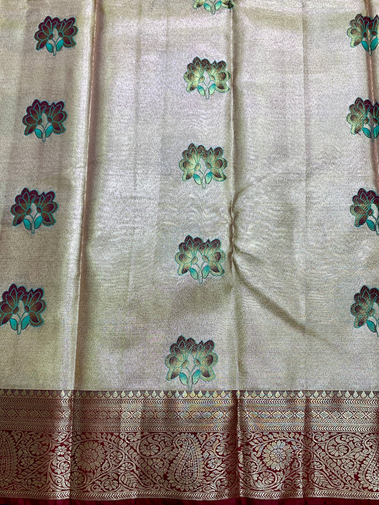 Fancy Tissue Saree Golden Colour with Maroon Border