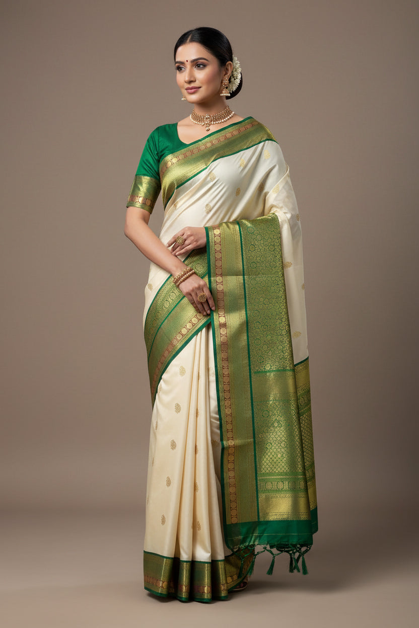 Pure Kanchipuram Silk Tussar Colour with Green and Golden Zari Border