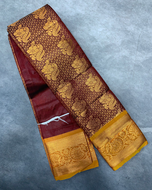 Vegan Silk Saree Brown Colour with Copper and Golden Yellow Border
