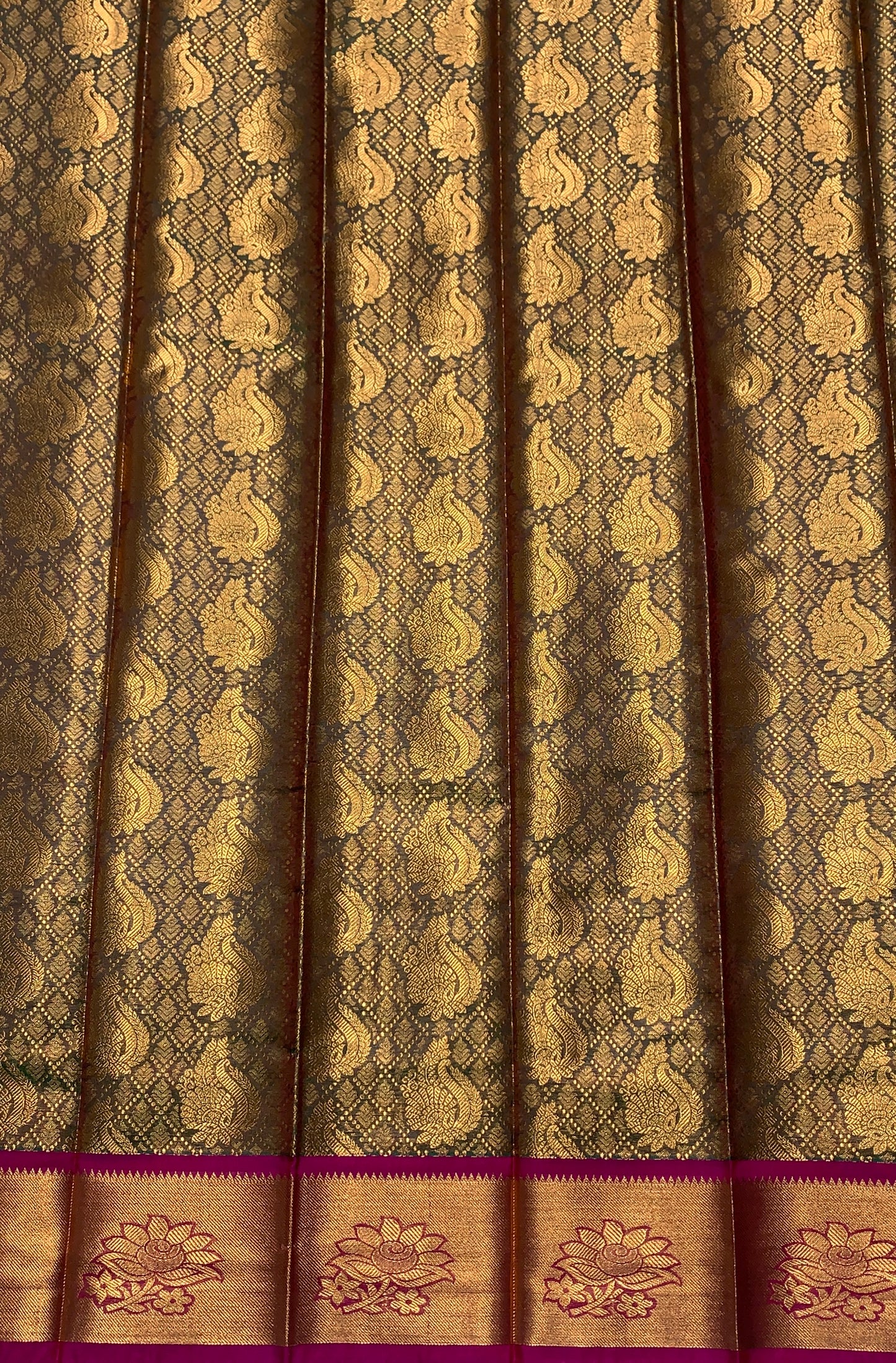 Vegan Silk Saree Olive Green Colour with Copper and Pink Border