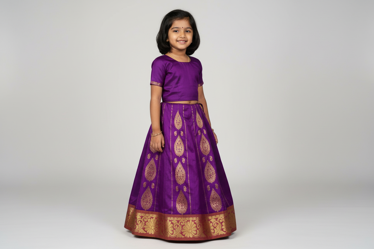 Purple Shade Semi Silk Kids Pattu Pavadai with Contrast border for Age 2 to 5 Years