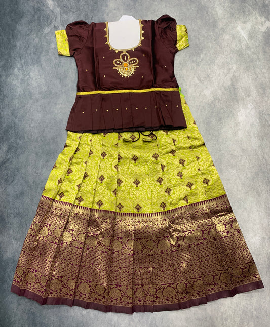 Ready To Wear Lime Green Pavadai with Contrast Brown Blouse
