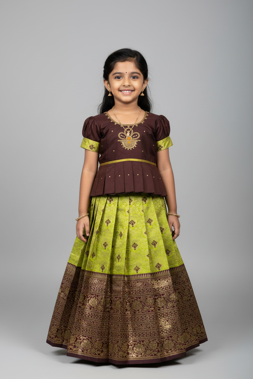 Ready To Wear Lime Green Pavadai with Contrast Brown Blouse
