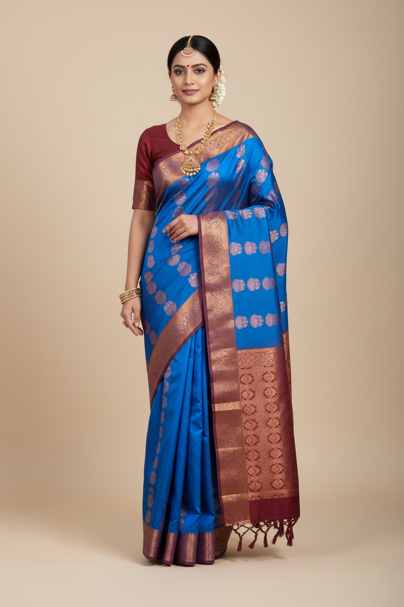Vegan Silk Saree Royal Blue Colour Saree with Copper and Floral Design