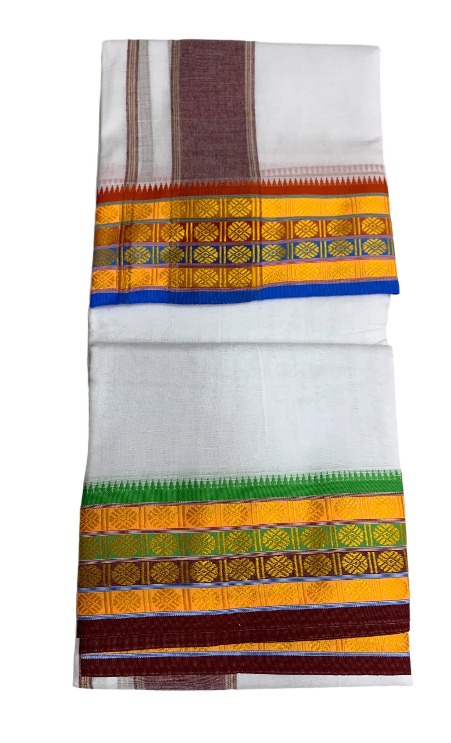 9X5 Cotton Dhoti White Yellow, Red and Green Border with Angavastram