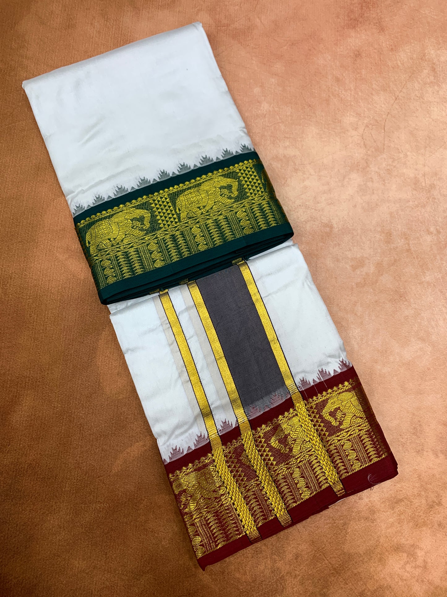 9X5 Pure Silk Dhoti White Colour with Green and Maroon Ganga Jamuna Border