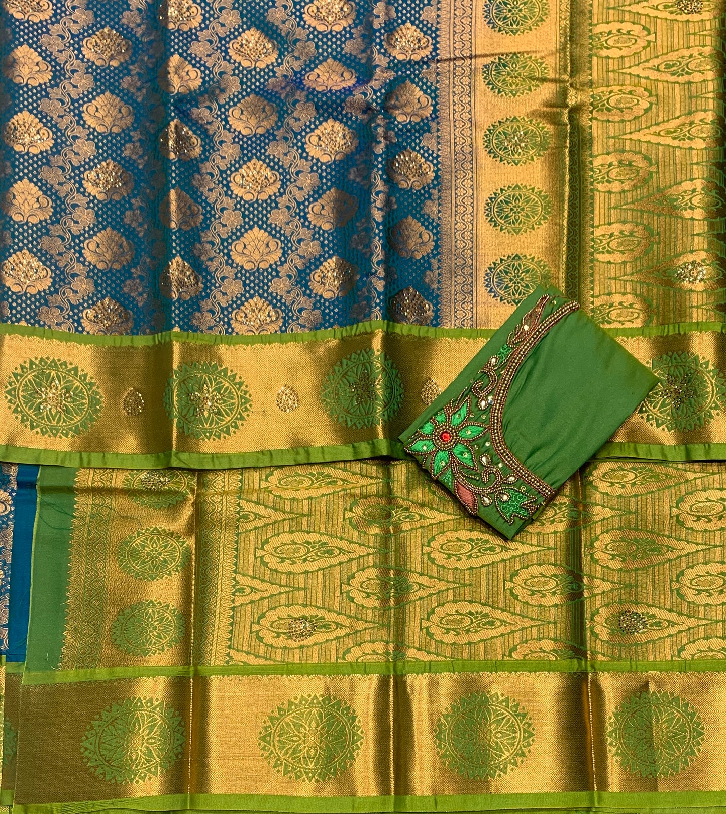 Bridal Vegan Silk Saree Peacock Green shade with Light Green Border with Unstitched blouse in Aari Work