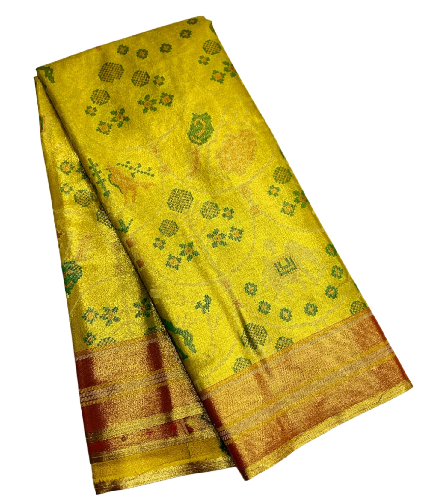 Pochampalli Tissue Silk Saree Golden Colour with Golden Orange Border