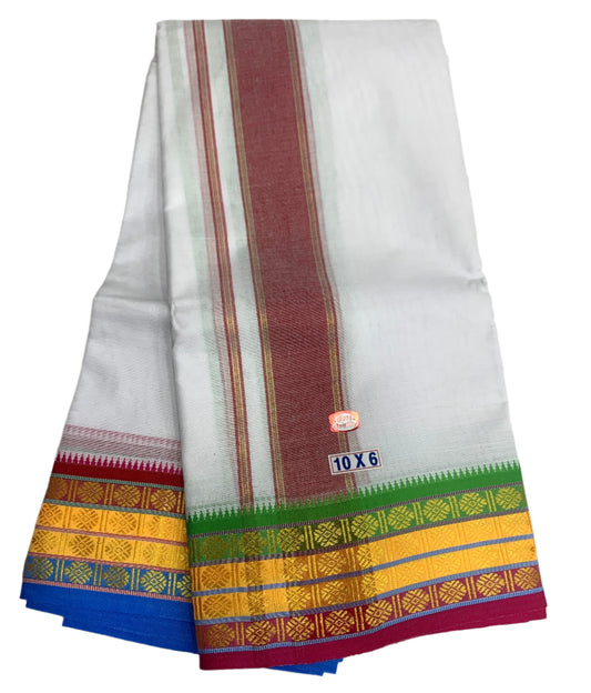 10X6 Cotton Dhoti White Colour with Yellow and Light Green,Pink Border