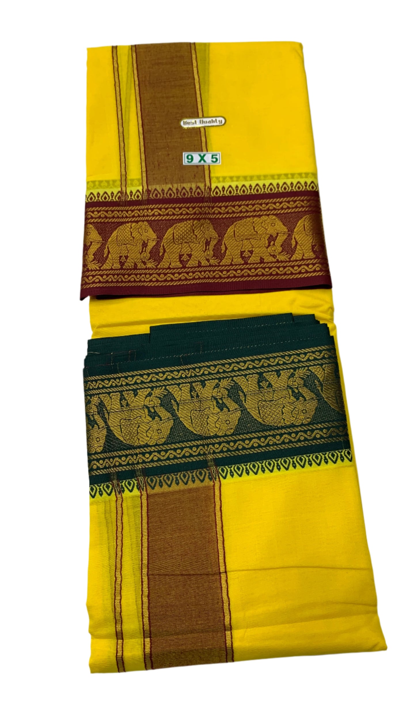 9X5 Cotton Dhoti Yellow Maroon and Green Border with Angavastram