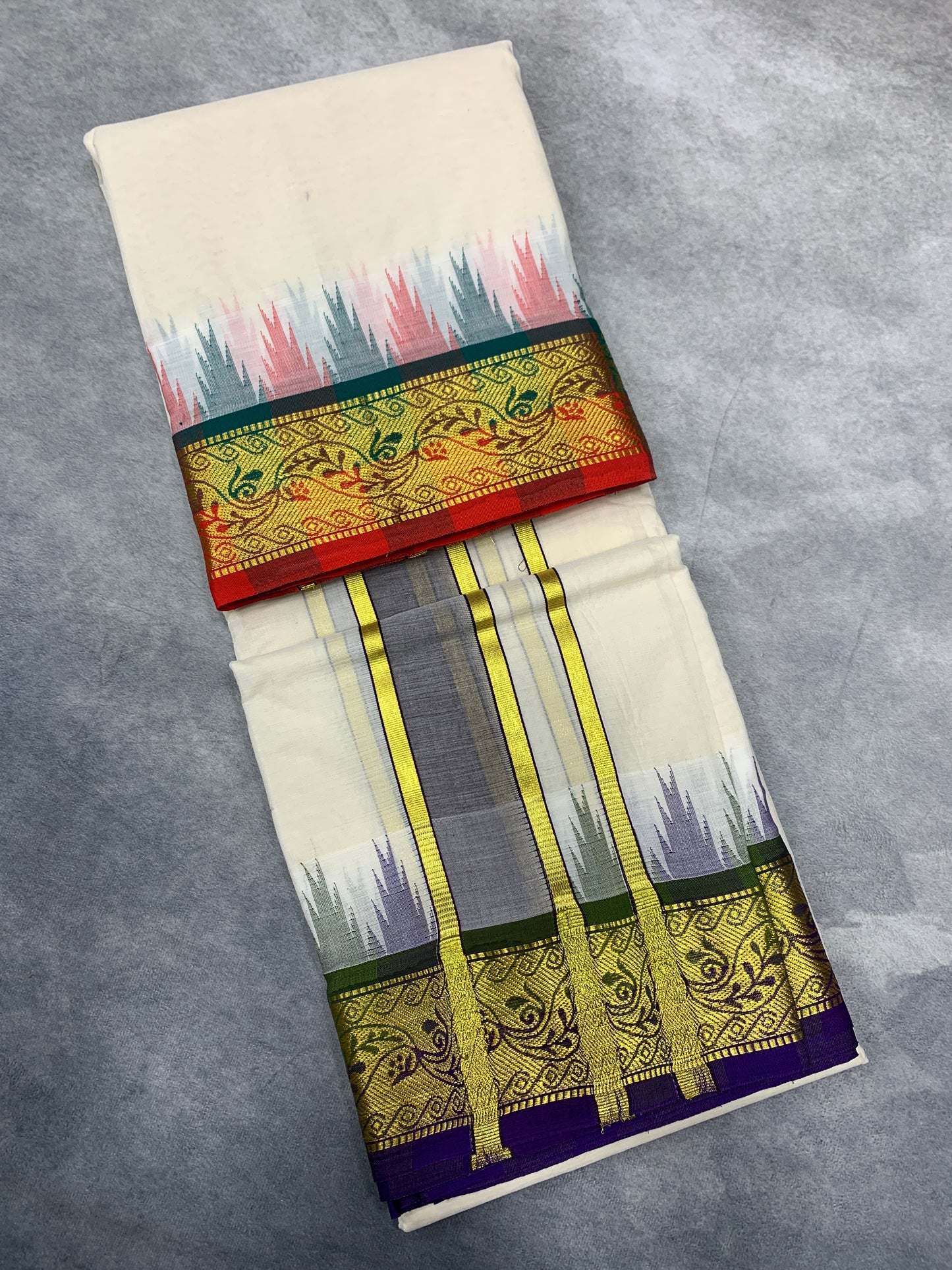 Korvai Cotton Dhoti Half White Colour with Multi Colour Border