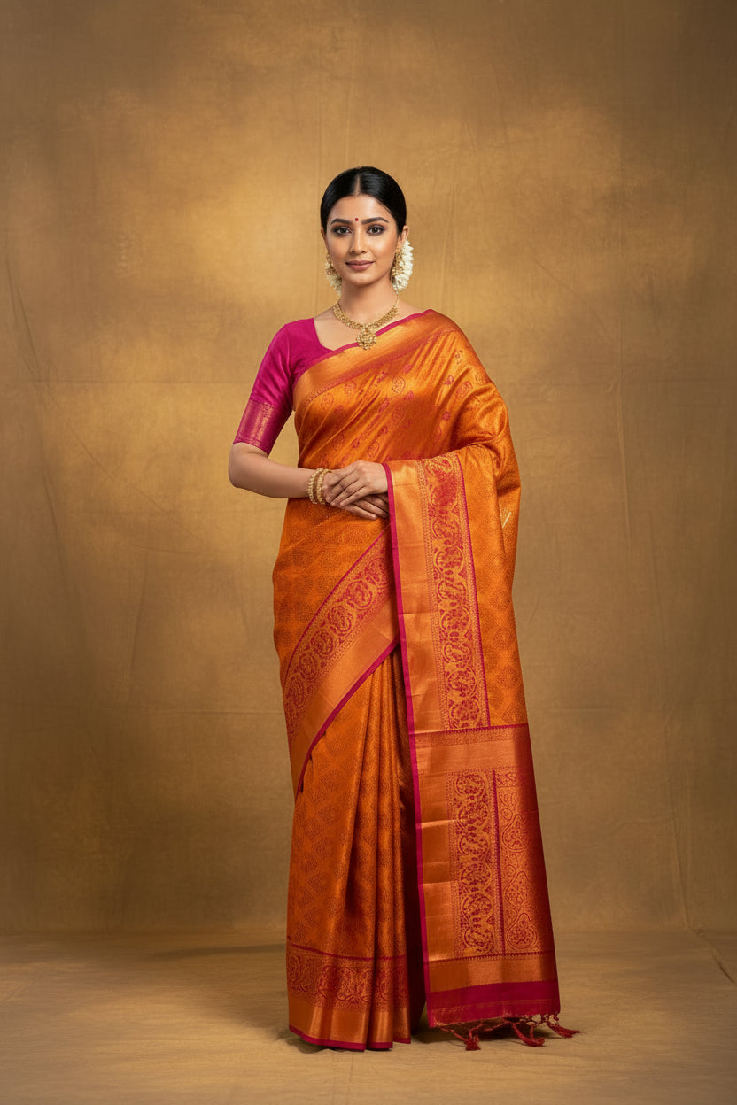 Vegan Silk Saree Golden Yellow Colour with Pink and Copper Border