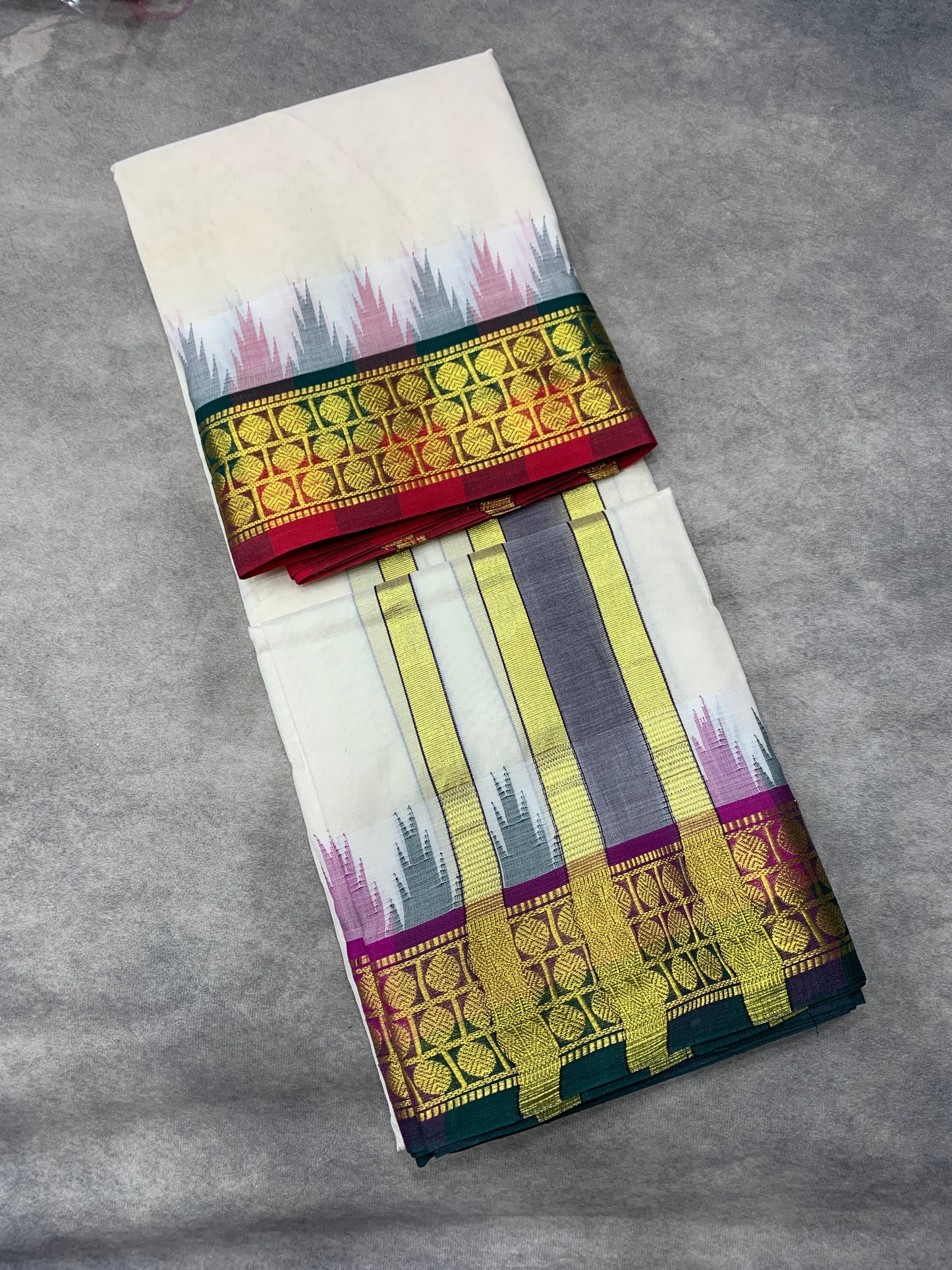 9X5 Korvai Cotton Dhoti Half White Colour with Green and Maroon Border