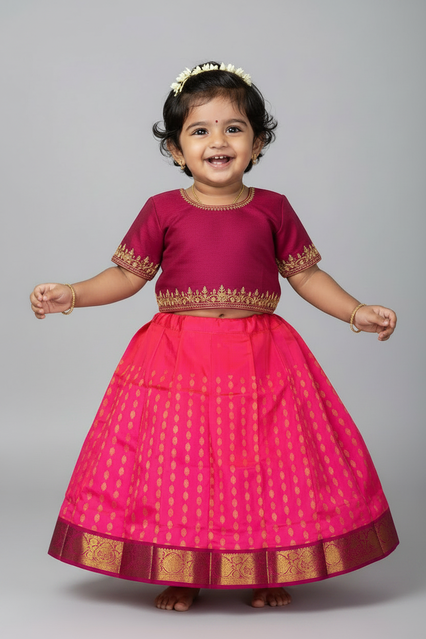 Baby Pink Shade Pure Kanchipuram Kids Pattu Pavadai with Contrast Border for Newborn to 2 Years