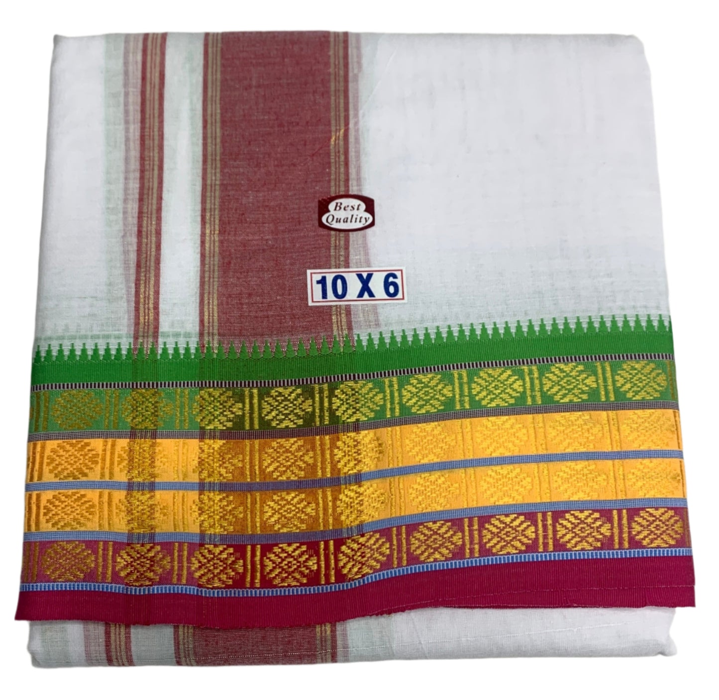 10X6 Cotton Dhoti White Colour with Yellow and Light Green,Pink Border