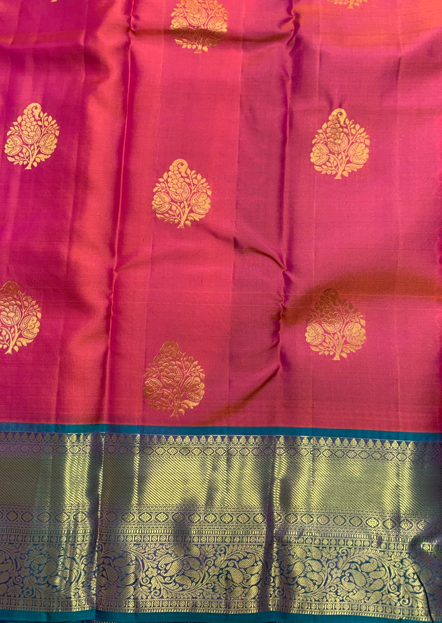 Pure Kanchipuram Silk Saree Neon Peach Colour with Rama Blue Border