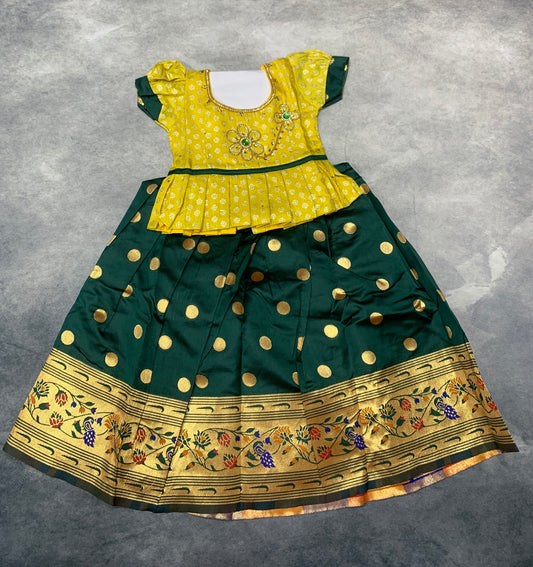 Ready To Wear Green Pavadai with Contrast Yellow Blouse
