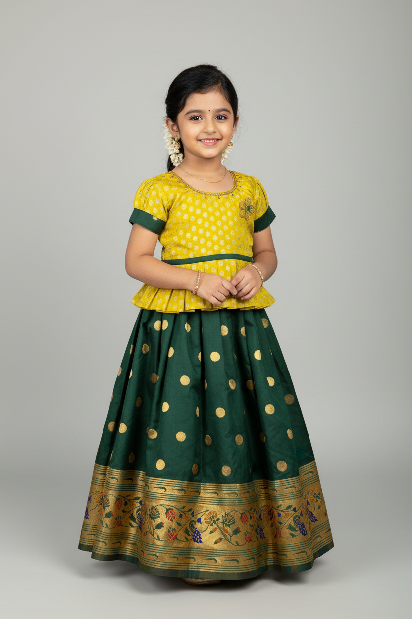 Ready To Wear Green Pavadai with Contrast Yellow Blouse