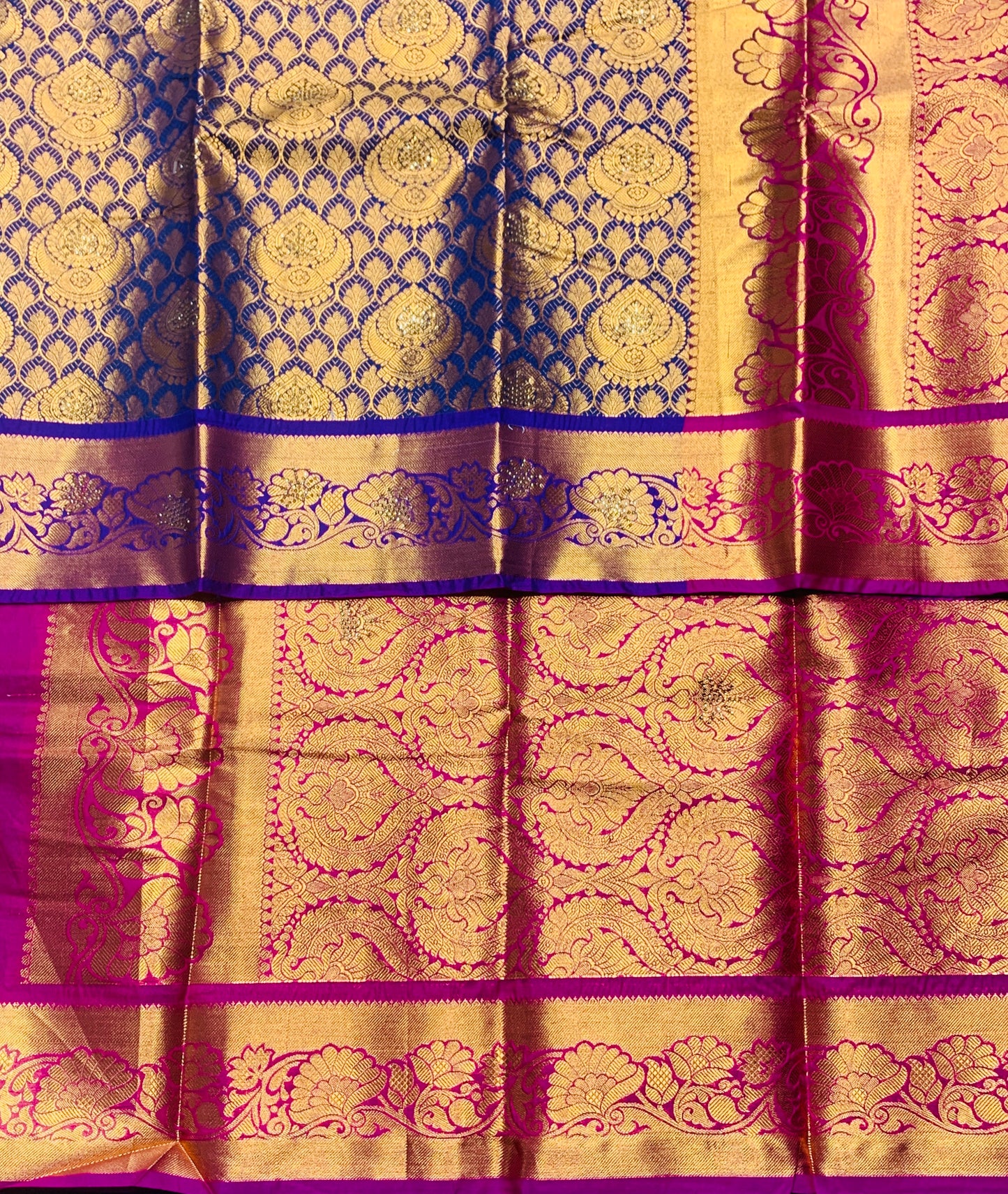 Vegan Silk Saree Blue Colour with Copper and Magenta Border