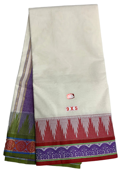 9X5 Cotton Unbleached Dhoti Maroon and Olive Green Border with Angavastram
