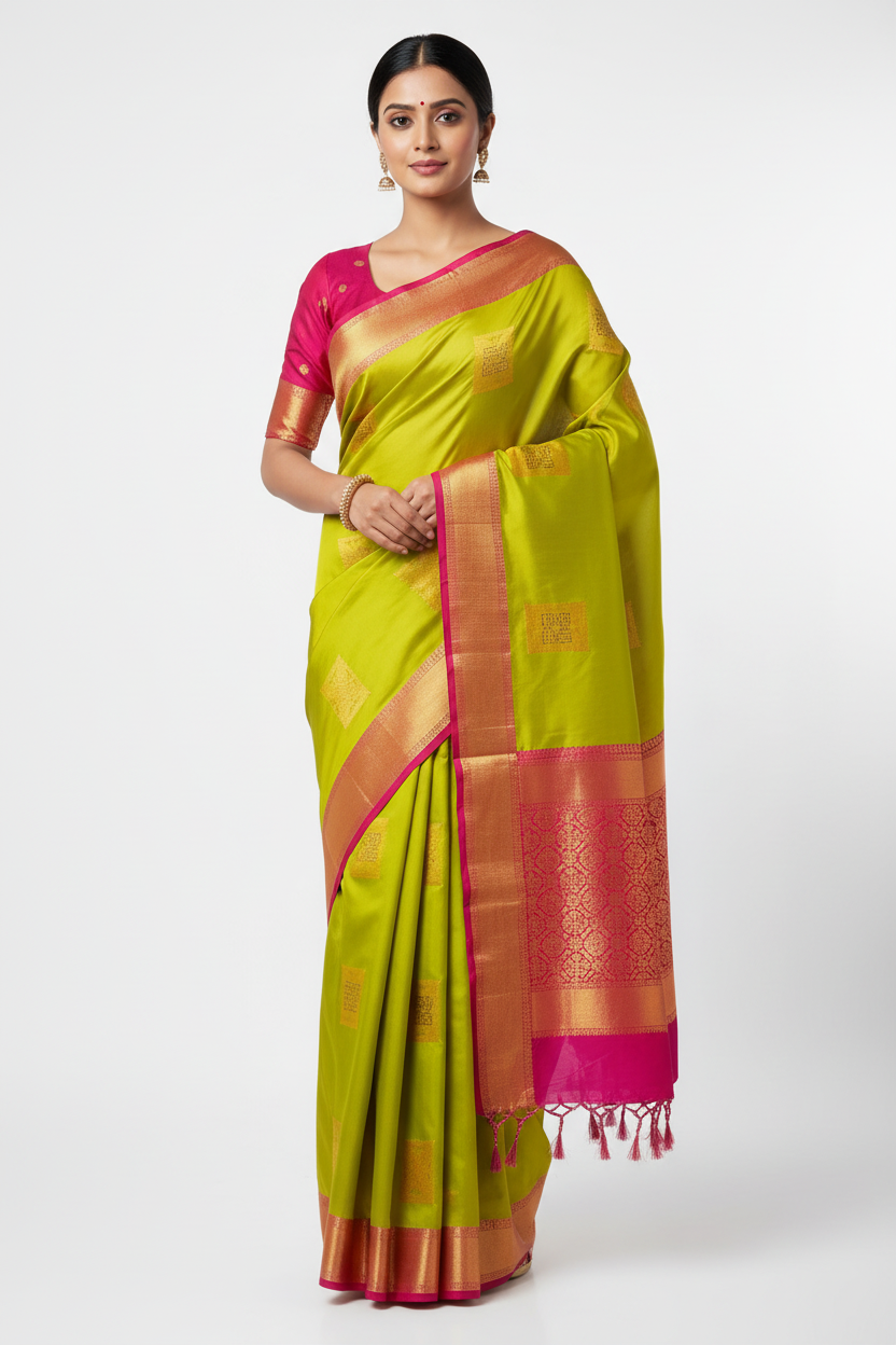 Soft Vegan Silk Saree Apple Green Colour with Pink and Copper Border