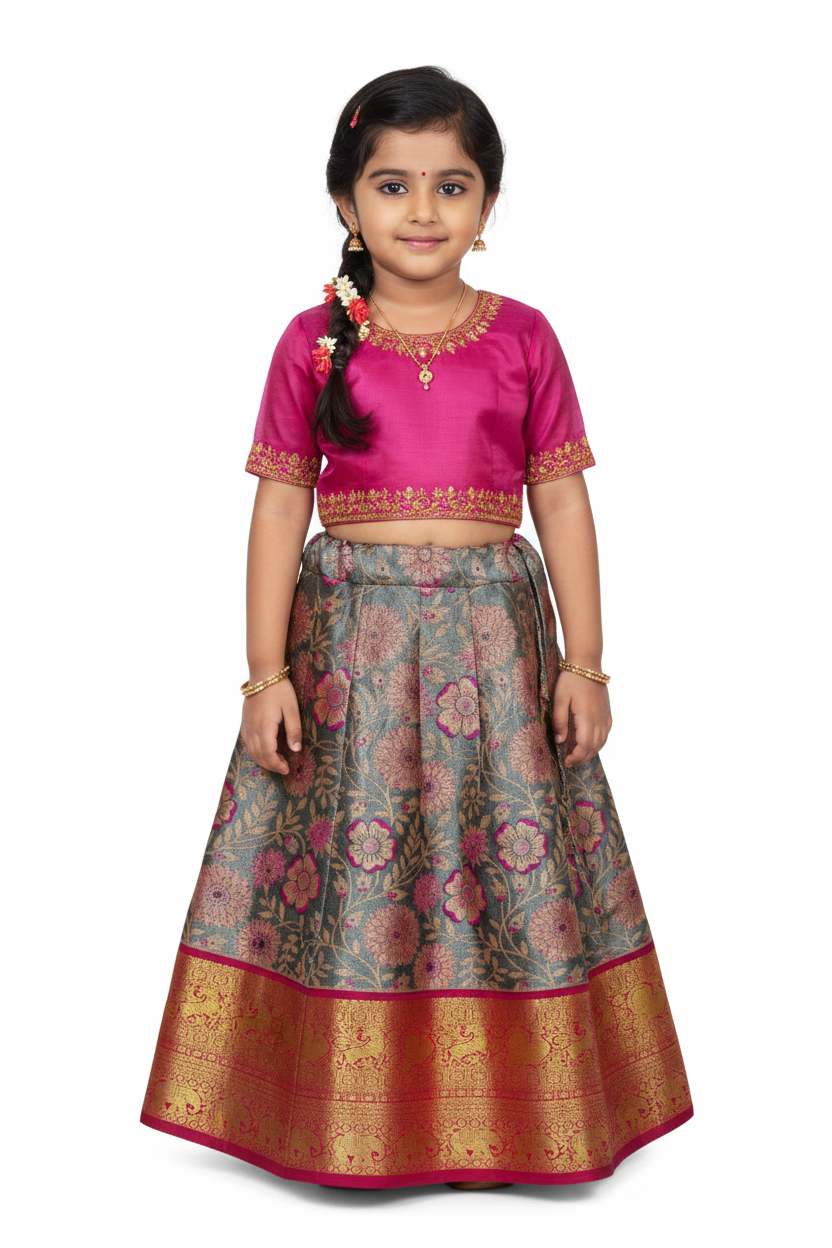 Gray Shade Vegan Silk Kids Pattu Pavadai with Contrast border for age 2 to 5