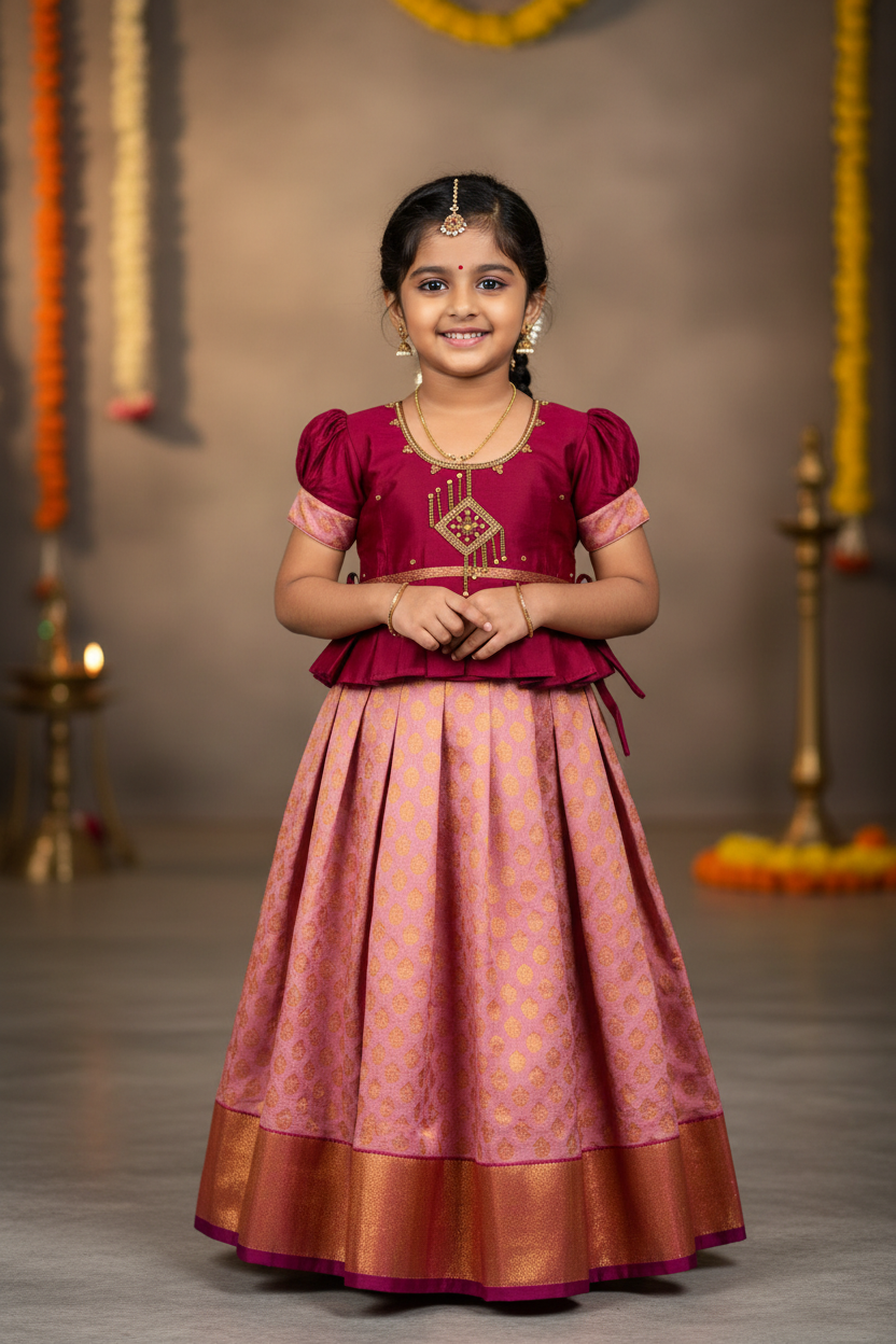 Ready To Wear Lavender Pavadai with Contrast Maroon Blouse