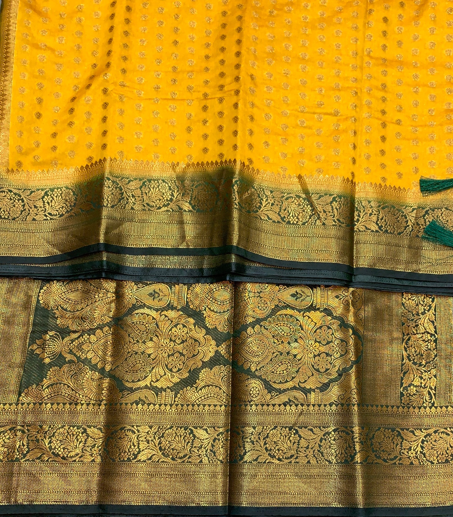 Crepe Saree Mustard Colour with Green Border