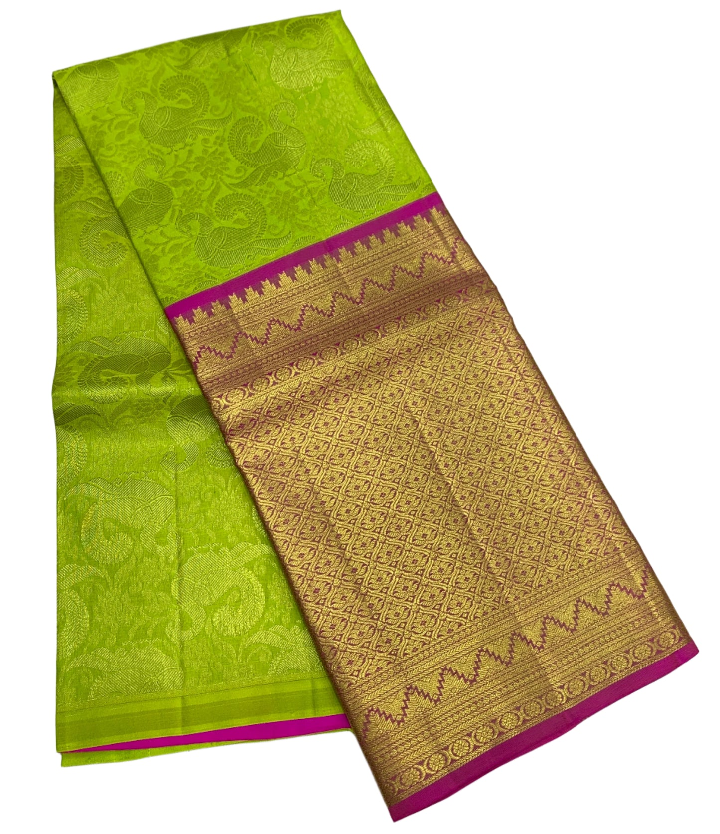 Pista Green Shade Pure Kanchipuram Kids Pattu Pavadai with Contrast Border for Age Above 10 Years