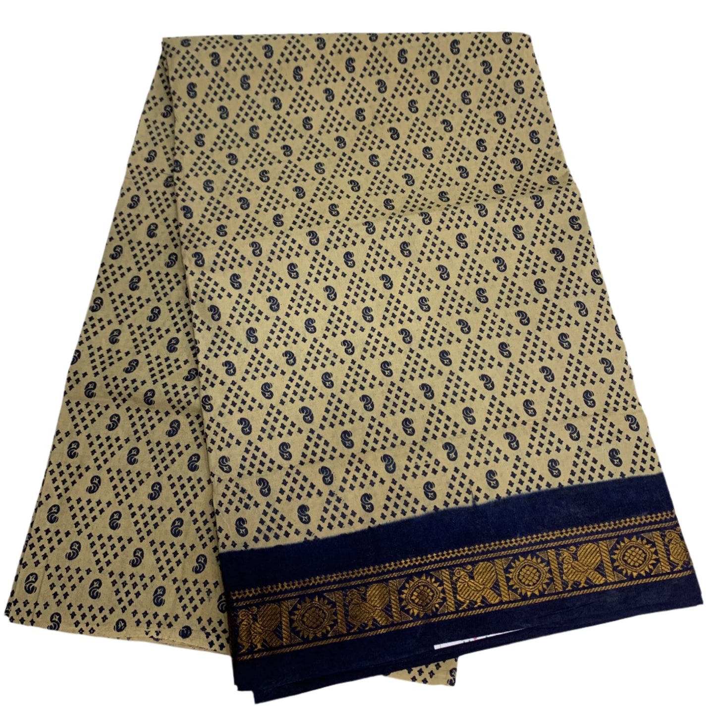 Chettinad Sungudi Cotton Light Cream Colour with Navy Blue Colour Border
