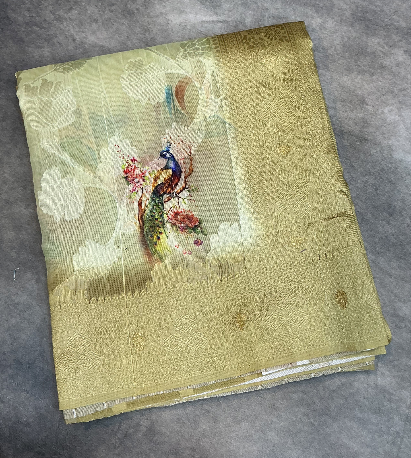 Digital Print Cotton Saree Olive Green Colour with Floral and Birds Pattern