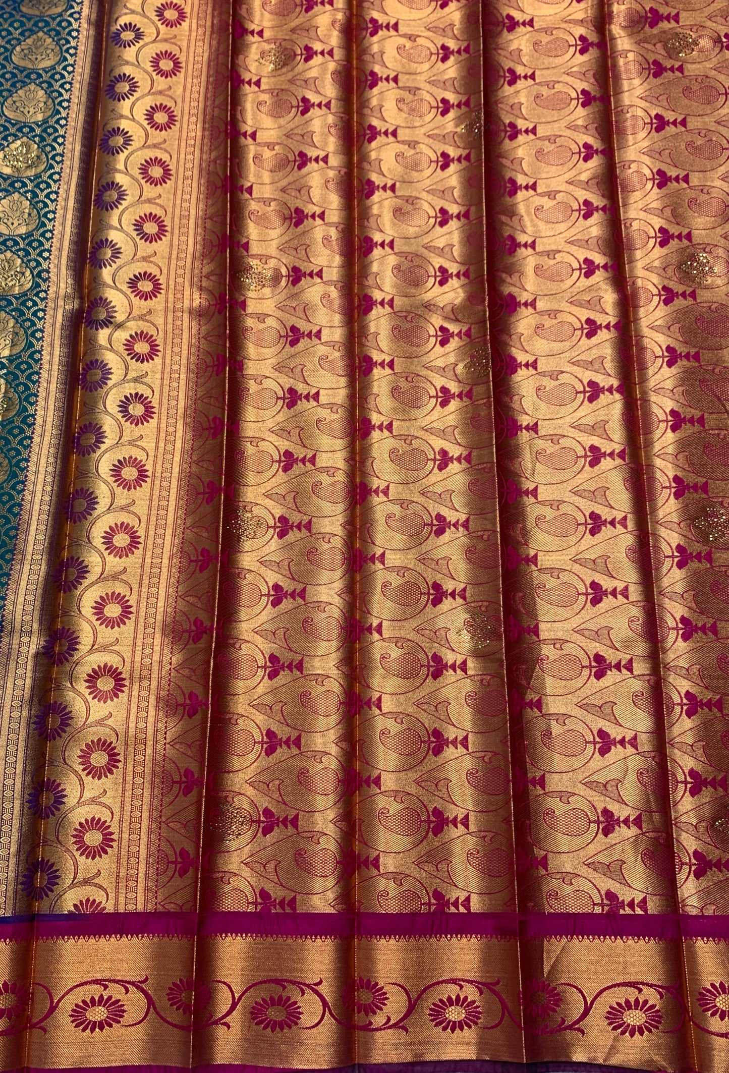 Vegan Silk Saree Peacock Blue Colour with Copper and Magenta Border