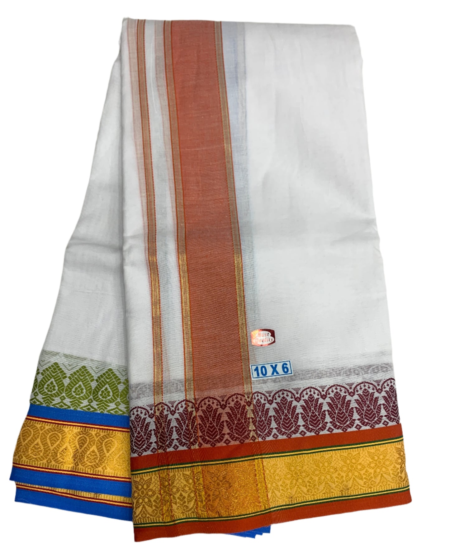 10X6 Cotton Dhoti White Colour with Yellow and Red Border