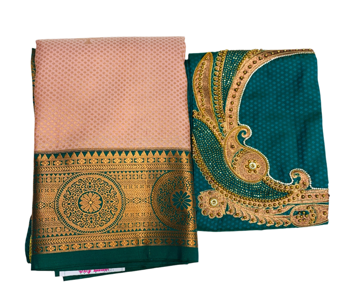 Bridal Vegan Silk Saree Sandal Colour with Sapphire Border with Unstitched blouse in Aari work