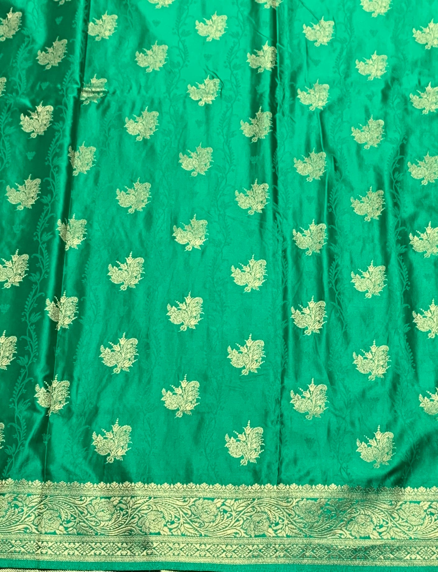 Banaras Saree Light Green Colour with Golden Colour Floral Design Border
