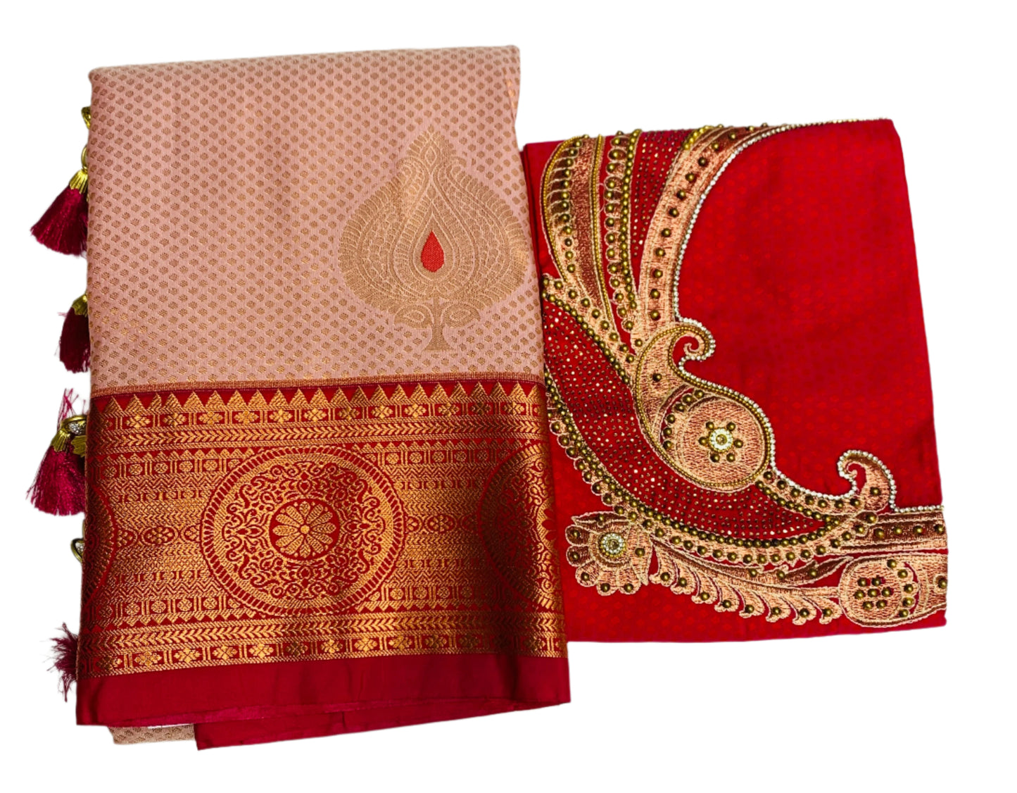 Bridal Vegan Silk Saree Peach Colour with Red Border with Unstitched blouse in Aari work