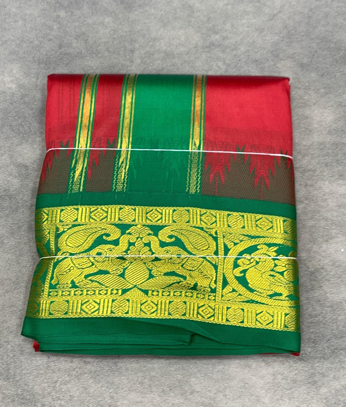 Art Silk Dhothi 9X5 Red Colour with Green and Magenta Colour Ganga Jamuna Border