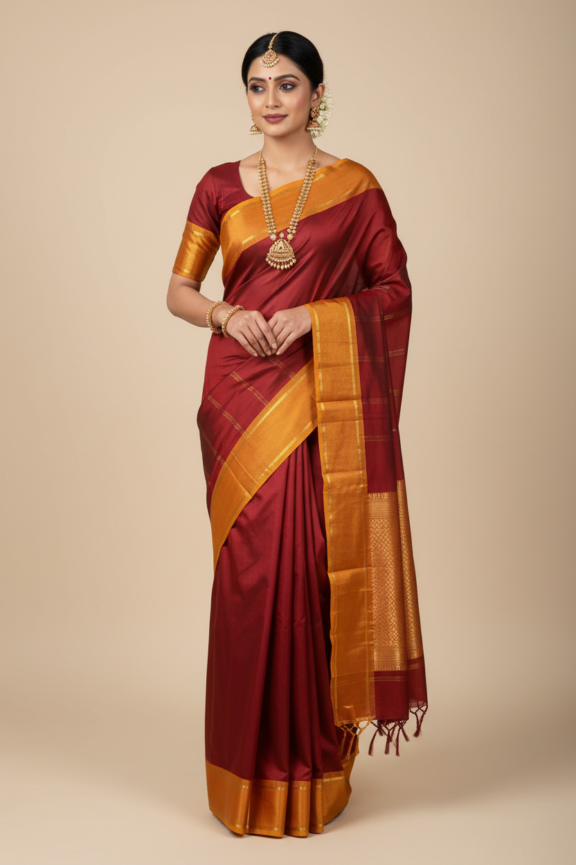 Arani Silk Saree Maroon Colour with Mustard and Golden Border