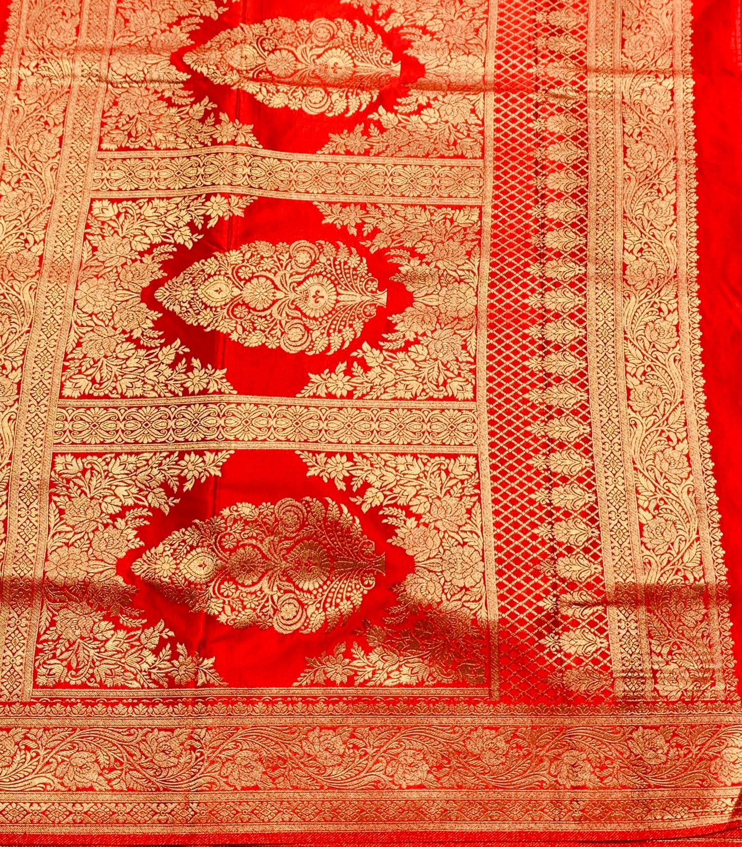 Banaras Saree Red Colour with Golden Colour Floral Design Border