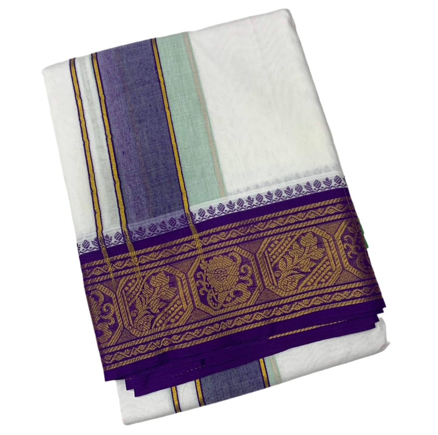 9X5 Cotton Dhoti White Colour with Blue and Light Green Border