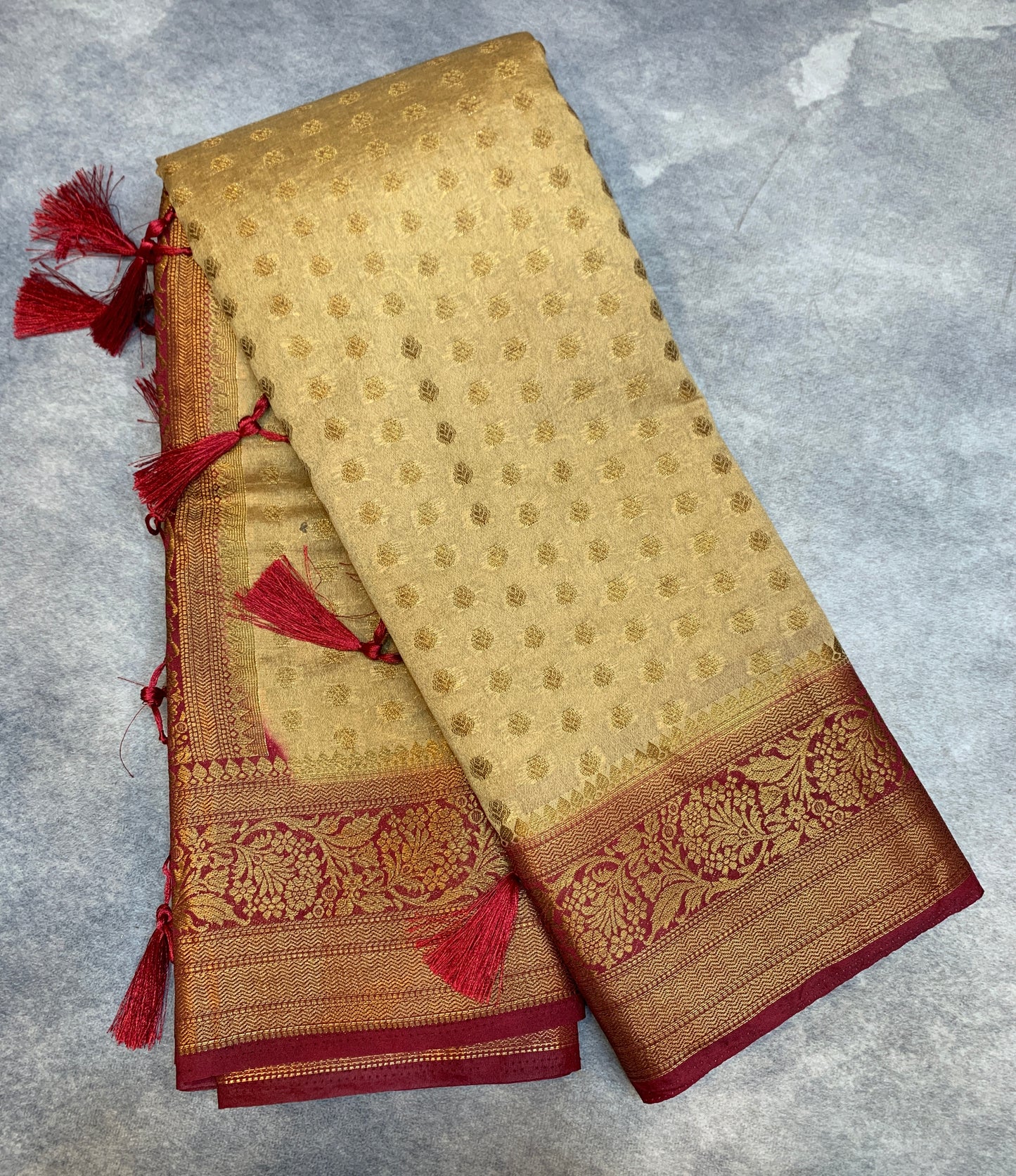 Crepe Saree Sandal Colour with Maroon Border