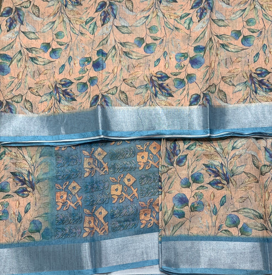 Jute Cotton Saree Light Peach Shade with Thread Border
