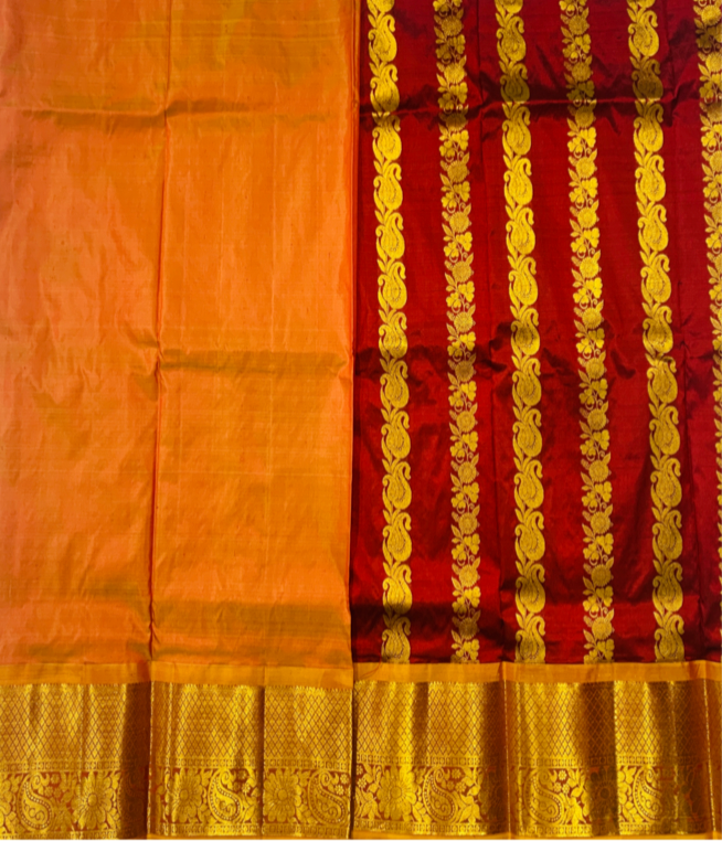 Brown shade Pure Kanchipuram Kids Pattu Pavadai with contrast border for age 5 to 10