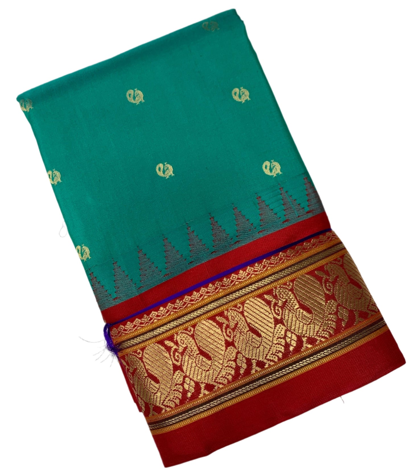Pure Kanchipuram Silk Saree Green Shade with Contrast Red Annam Border