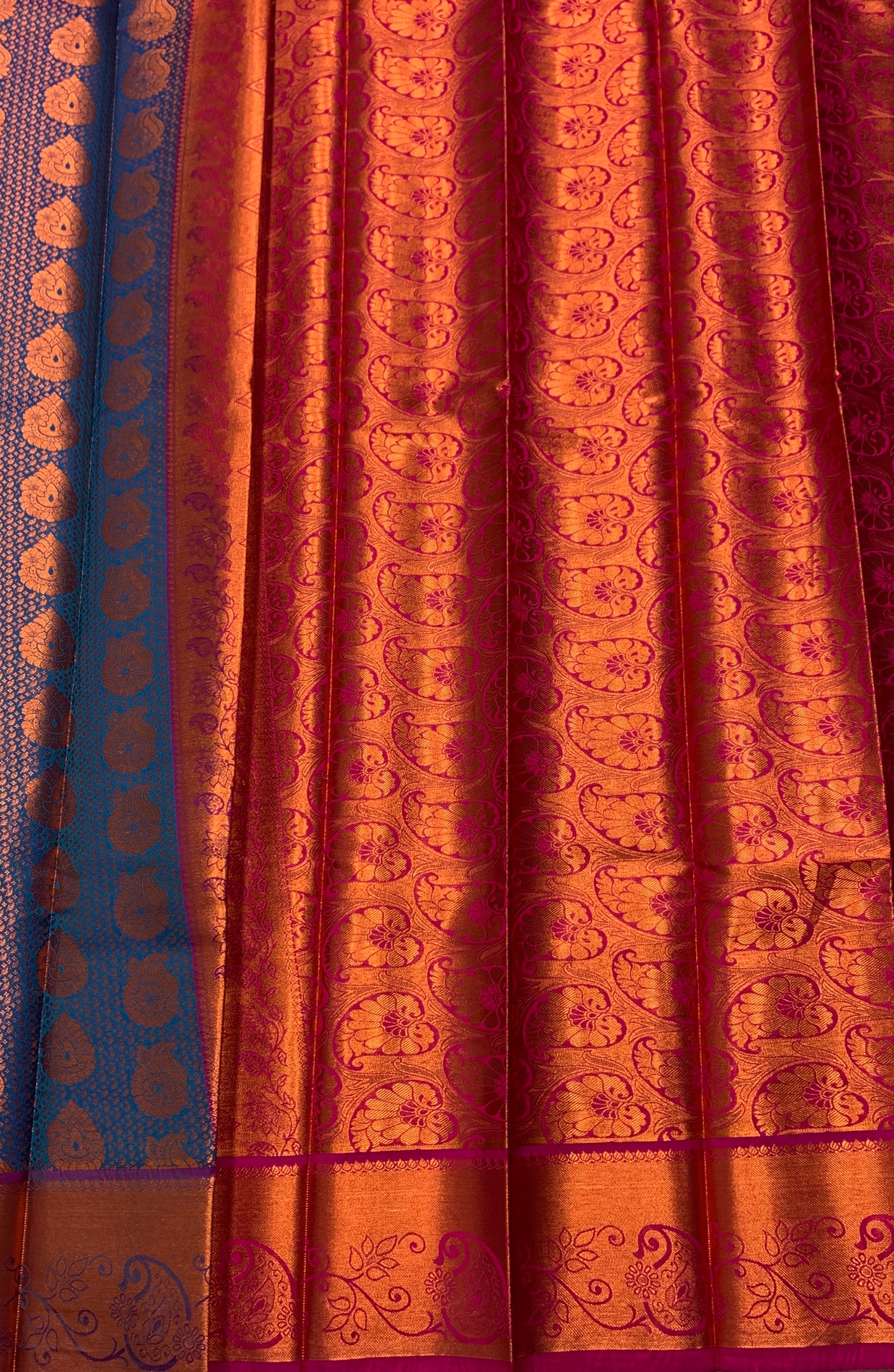 Vegan Silk Saree Blue Colour with Copper and Purple Border