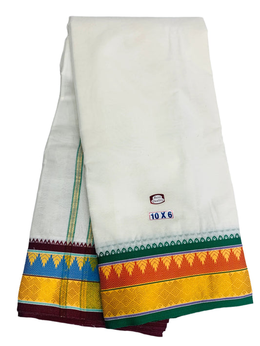 10X6 Cotton Unbleached Dhoti with Green and Yellow Border