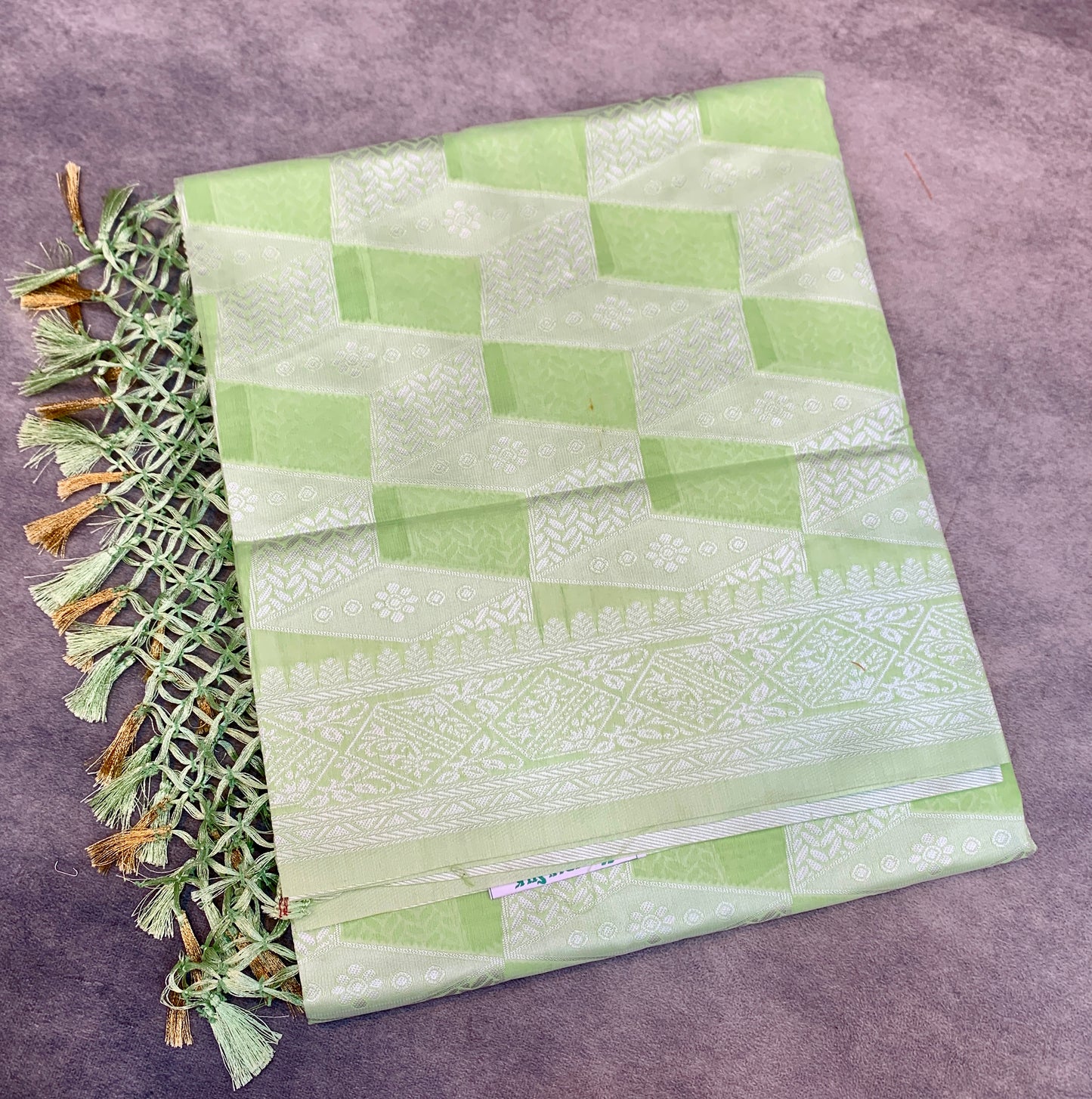 Banaras Katan Saree Apple Green Colour with Katan Work Border