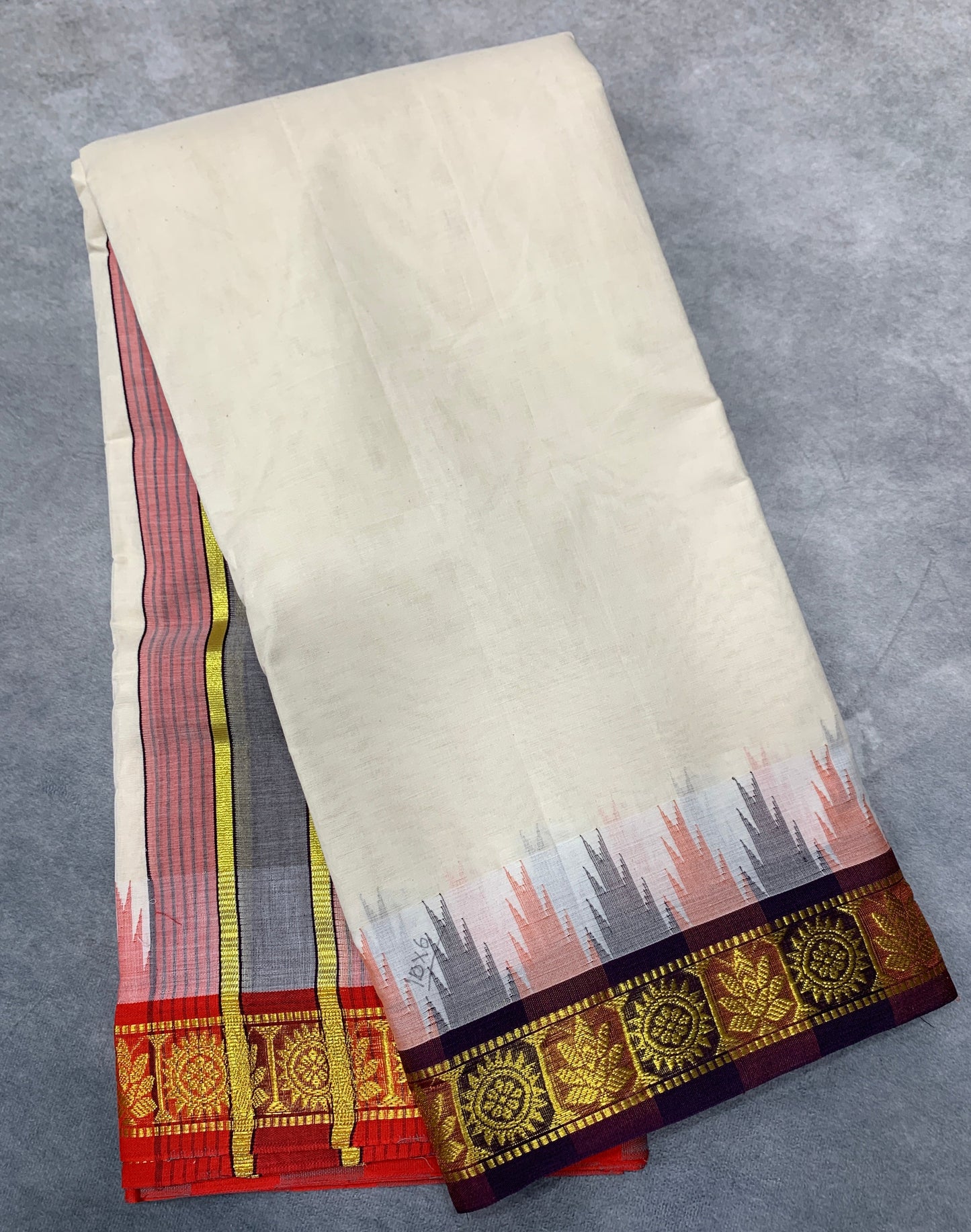 10X6 Korvai Cotton Dhoti Half White Colour with Multi Colour Border