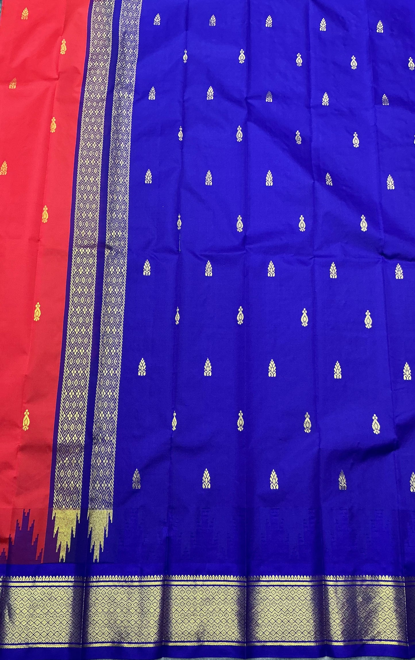 Semi Silk Saree Red Colour with Violet and Gold Zari Border
